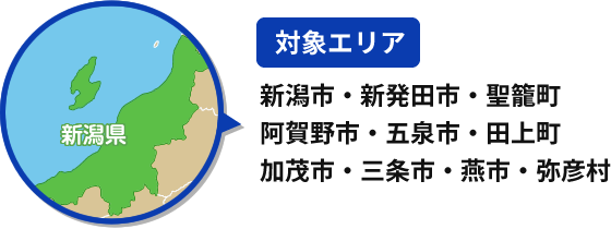【対象エリア】新潟市・新発田市・聖籠町・阿賀野市・五泉市・田上町・加茂市・三条市・燕市・弥彦村